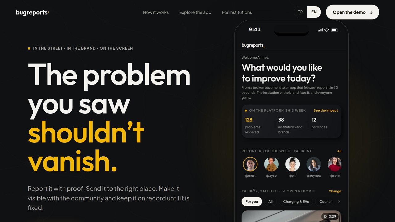 The bugreports product website, with the app running beside the opening headline.