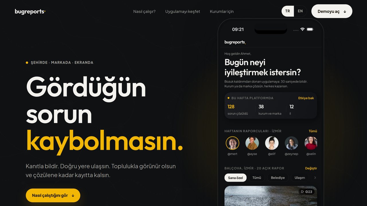 bugreports ürün sitesi; açılış başlığının yanında çalışan uygulama.