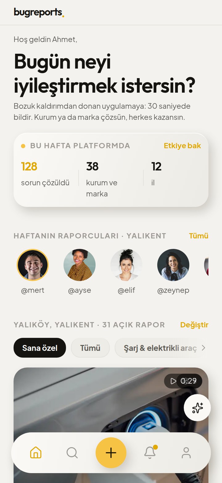 bugreports mobil uygulama ana ekranı