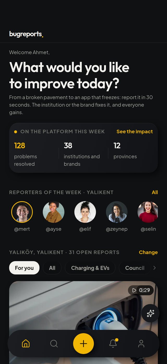 bugreports. app — the home screen in the app’s dark theme