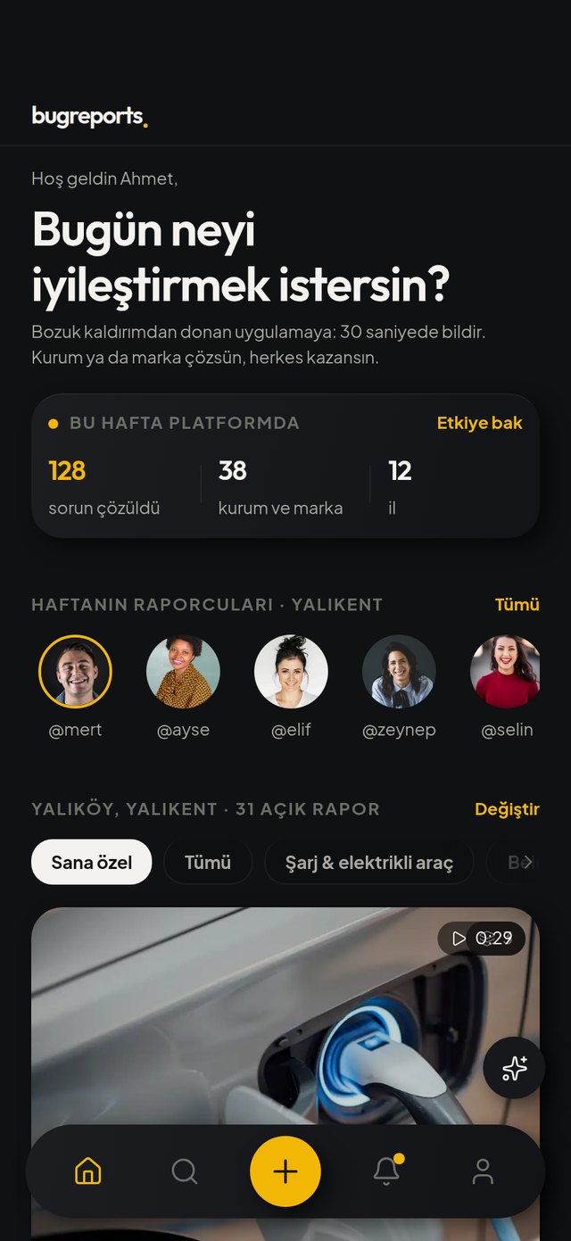 bugreports. app — uygulamanın koyu temasında ana ekran