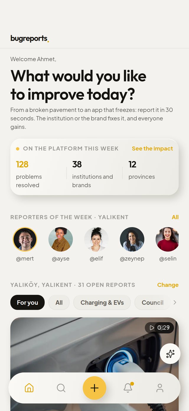 bugreports. app — the home screen in the app’s light theme