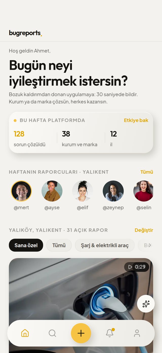 bugreports. app — uygulamanın açık temasında ana ekran