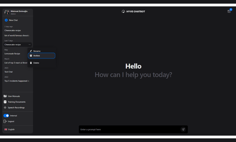HYVE Chatbot dashboard entry experience
