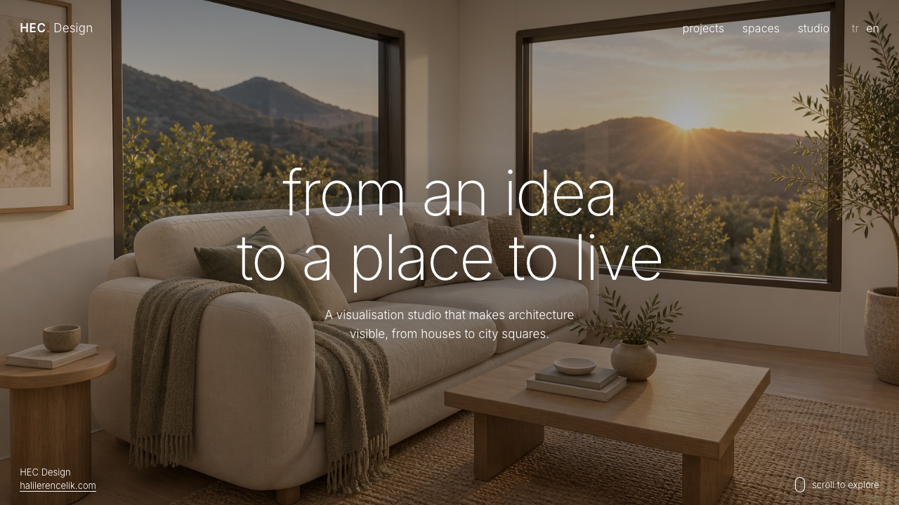 HEC. Design home page: a living room at sunset under the words from an idea to a place to live