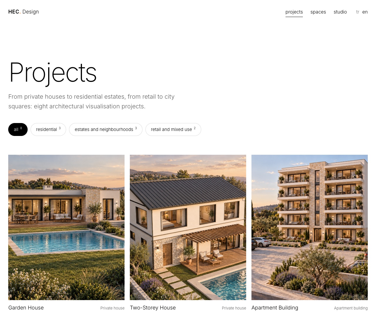 HEC. Design projects page with category filters and project cards