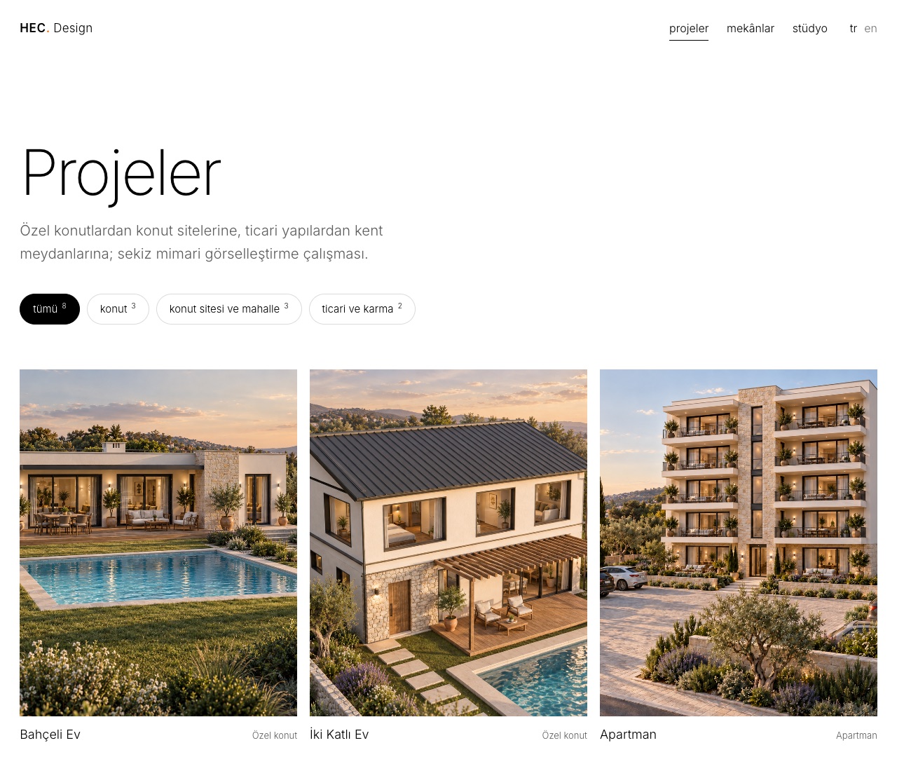 Kategori filtreleri ve proje kartlarıyla HEC. Design projeler sayfası